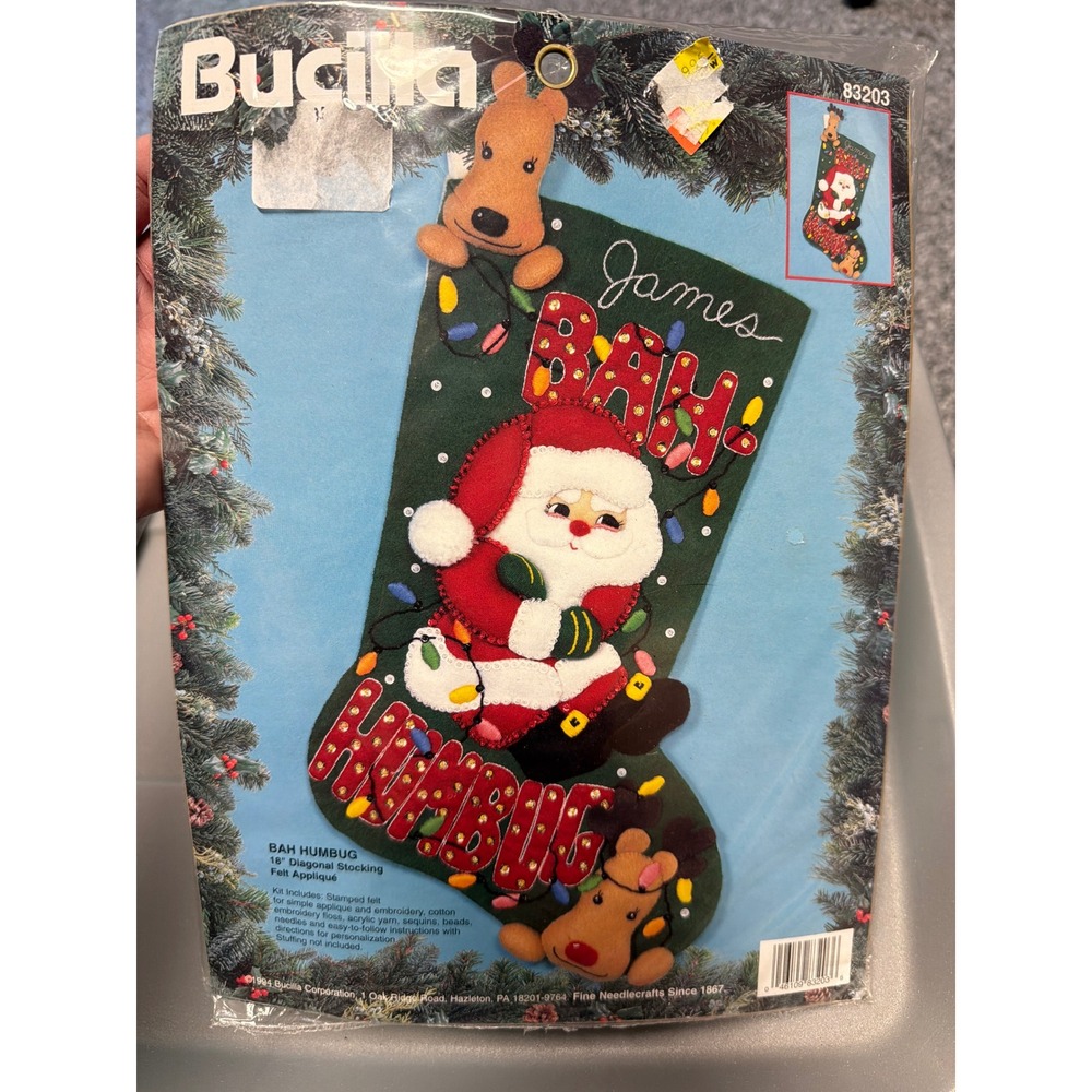 Bucilla Bah Humbug Santa Reindeer Felt Applique Stocking Kit 18 Inch 83203 1994